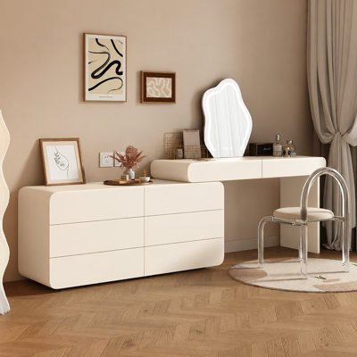 Meuble-lavabo moderne extensible avec armoire de rangement à 8 tiroirs, table de maquillage réversible en forme de L