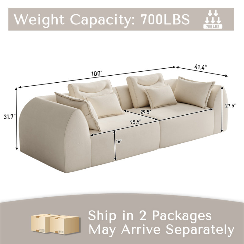 Boneless 100" Wide Modular Boneless Sofa Couch Deep Seat Loveseat Couch, Beige