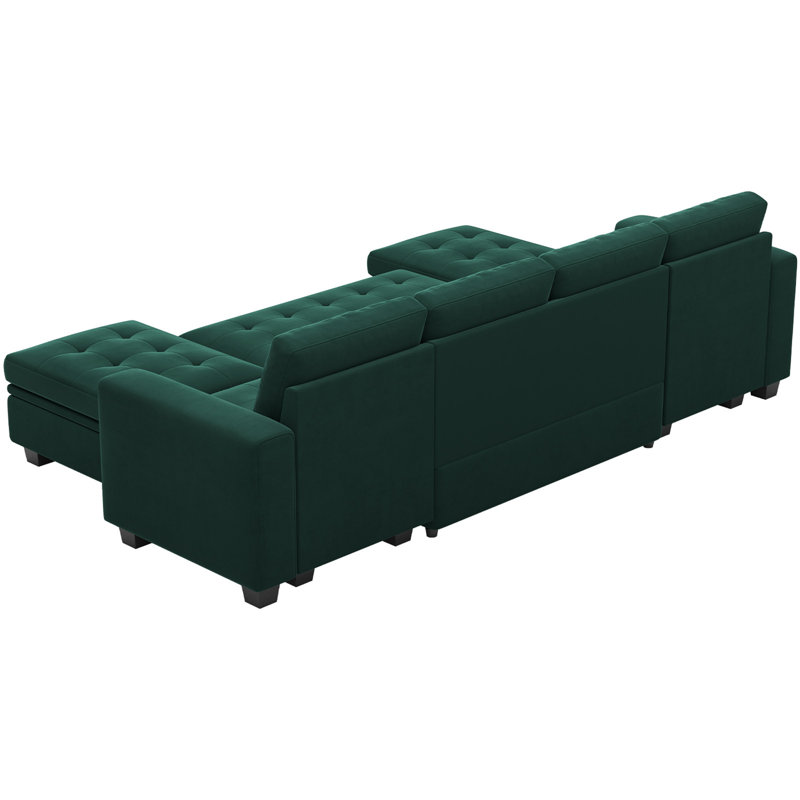 Shavera Velvet U-Shaped Sectional Couch Convertible Large Sofa Bed Sleeper With Storage Ottoman, Green Velvet