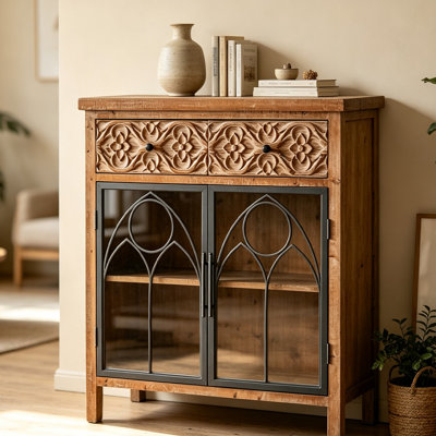 Armoire d'appoint en bois vieilli 36,61 "avec portes en verre et grille en fer brun naturel pour le salon de la chambre à coucher