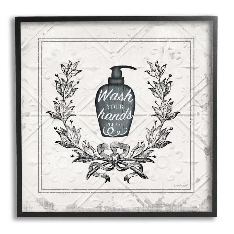 «Wash Your Hands Veuillez Exposer», impression sur bois, H 24 po x l 24 po x P 1,5 po, Giclée encadrée noir minuit