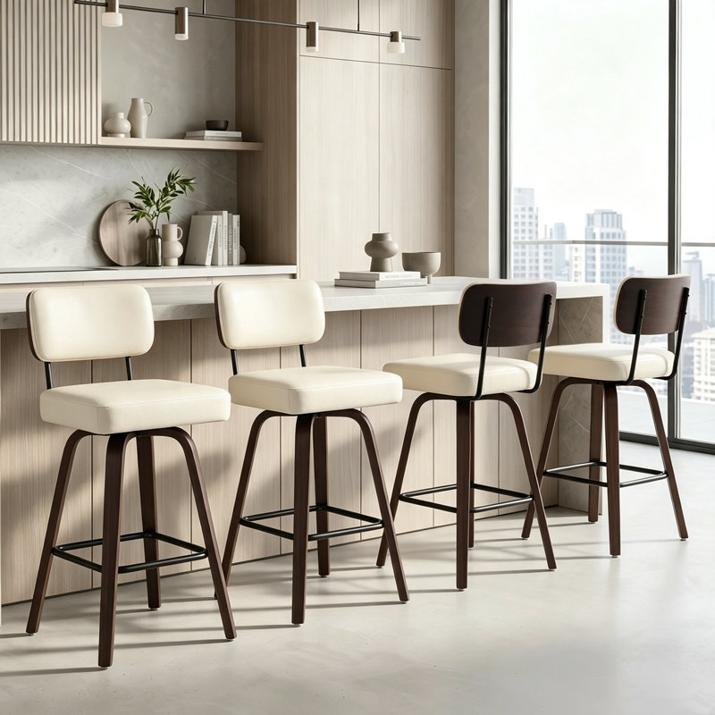 Tabouret de bar pivotant, tabourets de comptoir rembourrés de style moderne Mid-Century de 29 po avec dossier courbé et pieds en bois massif