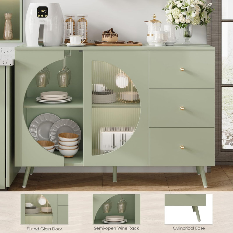 Coffee Bar Cabinet with Fluted Glass Door, Modern Cream Style Buffet Sideboard with Wine Glass Rack