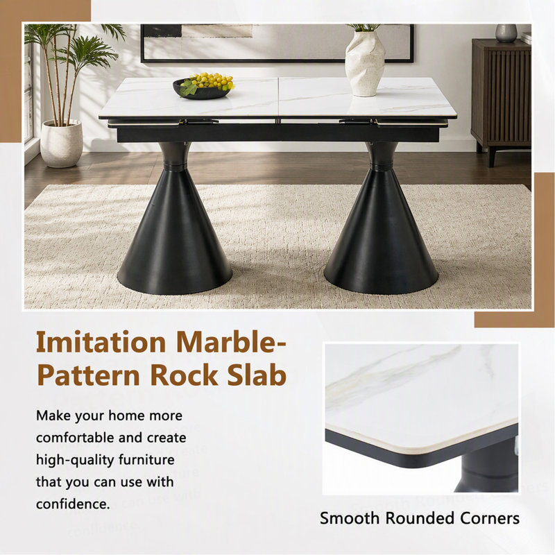 Table de salle à manger extensible à plateau en pierre: plateau de table en marbre blanc avec pieds fuselés en métal noir. Une table de salle à manger rectangulaire d'inspiration moderne et luxueuse pour un usage domestique, pouvant accueillir de 4 à 8 personnes.