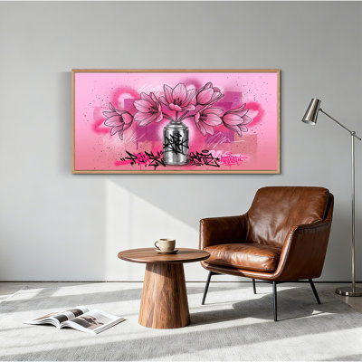 Pink Flowers In Silver Spray Paint Can With Graffiti Art Canvas Wall Art 46"x 24"