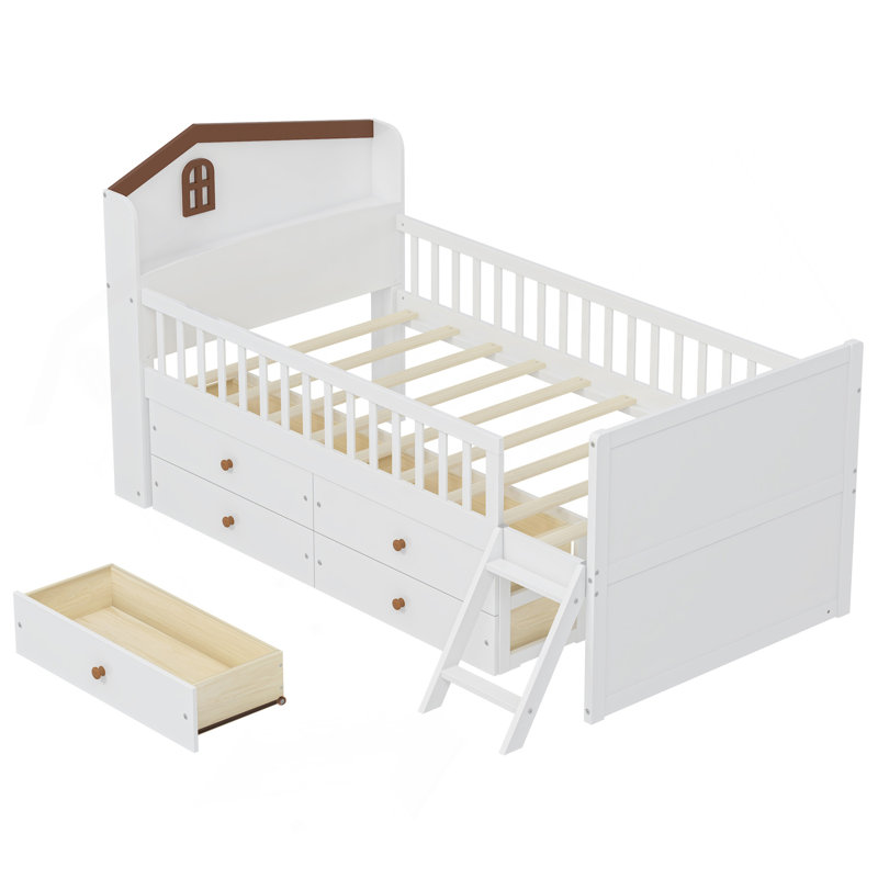 Twin Bed Frame With Storage 4 Drawers,Wooden Bed Frame For Kids,Platform Twin Size Bed With Guardrail Headboard And Ladder, No Box Spring Needed, Easy Assembly, White
