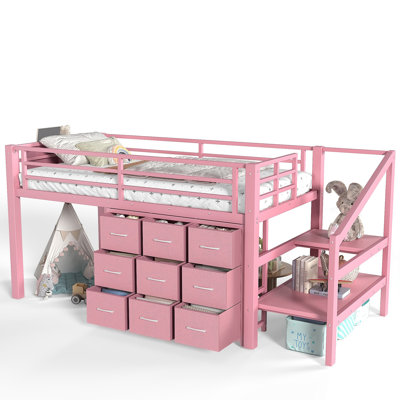Twin Low Loft Bed with Multi-Storage Spaces, Including Fabric Drawers, Fabric Shelves Beside the Bed, Storage Stairs, Metal Loft Bed with Lights and Ample Under-bed Spaces