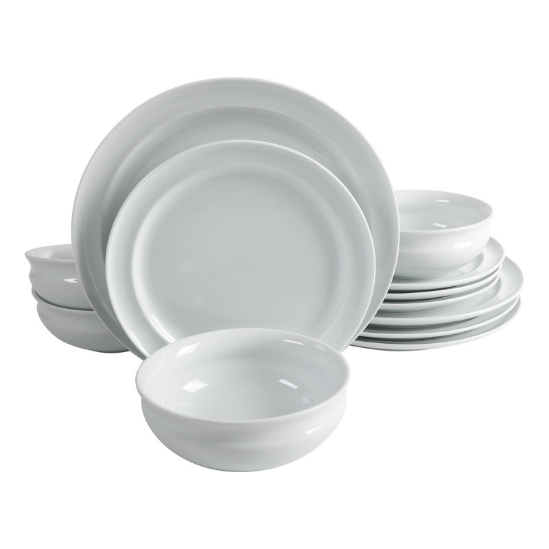 Martha Whiteware 12 Pieces Dinnerware Set, Service For 4, White Rim - Round, Fine Ceramic