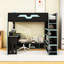 Lit mezzanine double en bois avec bureau, console de jeu et lumières RVB-1088183482