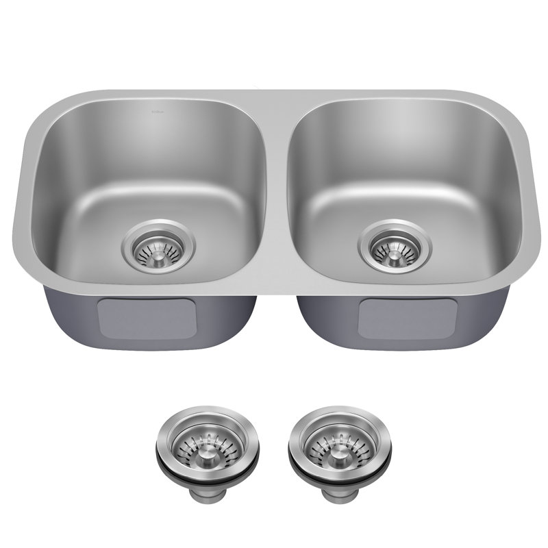 Évier de cuisine en acier inoxydable 60/40 KRAUS, H 8,63 po x l 32,25 po x P 18 po, Double cuve