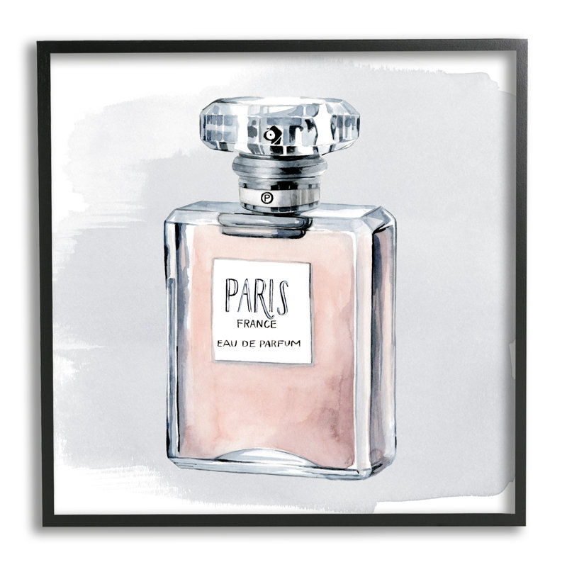 Bouteille de parfum Glam, détail d'aquarelle rose de Paris, L 12 po x H 12 po, Giclée encadrée noir minuit