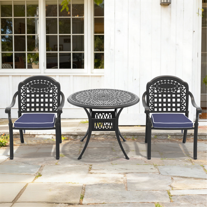 Ensemble de 3 meubles de patio en aluminium coulé avec coussins bleus, 2