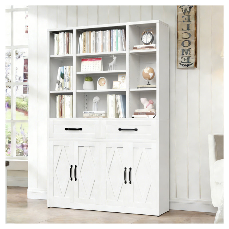 Bibliothèque de 71 po de hauteur avec portes et tiroirs, armoire de rangement large en métal avec tablettes réglables, blanc