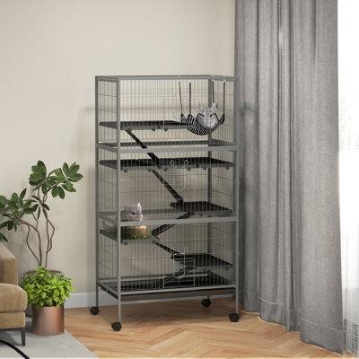 63" 6 Small Pet Residence - For Ferrets And Chinchillas, Gray, , 6 Doors, Washable Tray, Steel Chinchilla Cage Ferret Living Space, With Removable Unwanted-Looking Strong Wire, Rolling, Gray