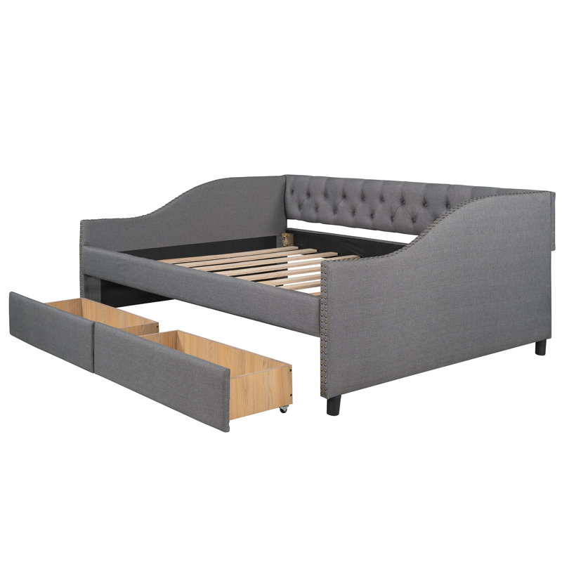 Elegant Upholstered Daybed With Two Drawers, Gray, Construction Base Gray Fabric Covering,, Gray