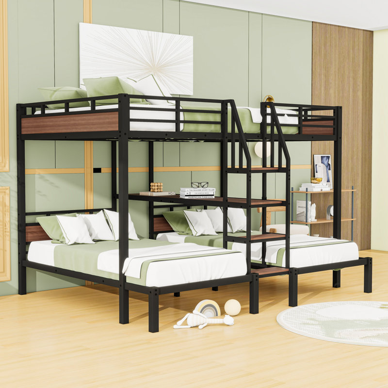 Metal Bunk Bed With Storage Shelves And Stairs, Queen Over Twin and Twin