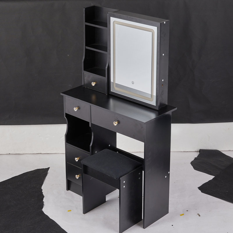 29.2" Small Size Left Drawer Desktop Vanity Table + Cushioned Stool, Large Sliding, Touch Control, Tri-Color Switching, Brightness Adjust LED Mirror, High Capacity Storage, Makeup Vanity