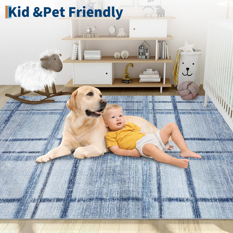 Area Rugs Modern Checkered RugsStain-Resistant Dining Room RugWashable CarpetRug for Farmhouse Living Room, Blue