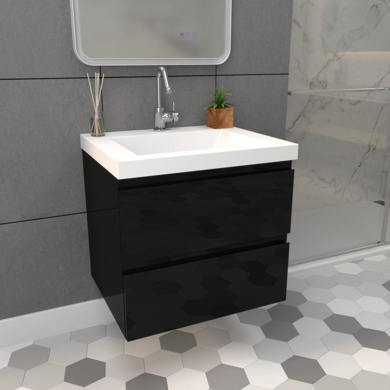 Meuble-lavabo mural de 24 po avec lavabo en pierre d'ingénierie en résine blanche, deux tiroirs avec glissières à fermeture en douceur dissimulées, finition blanc lustré, armoire flottante, à l'exception du robinet et du système de drainage
