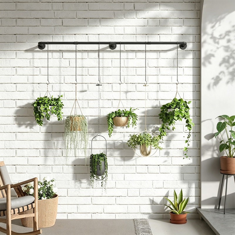 65" Modern Black Metal Plant Hanging Rod - Industrial Wall Mounted Plant Holder For Indoor Garden, Sleek Minimalist Window Hanger (Pot/Chain/Plant Not Included)