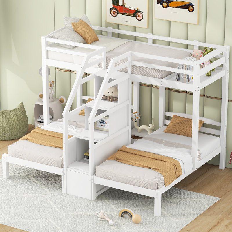 Triple Twin Bunk Bed With Storage Staircase & Drawer, White