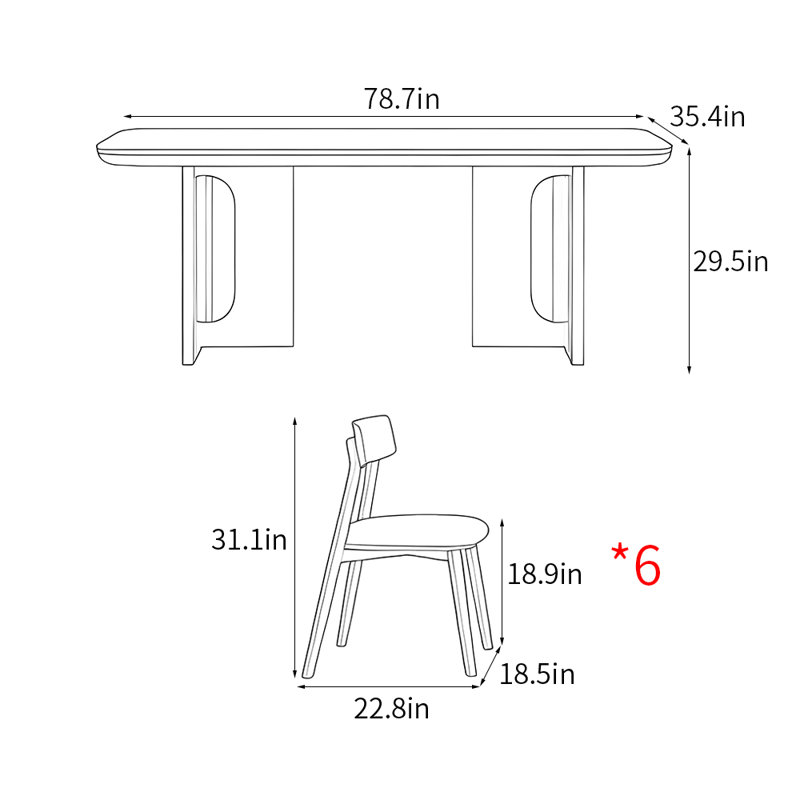 Casual simple rectangular dining table set, 29.5"H x 78.7"L x 35.4"W