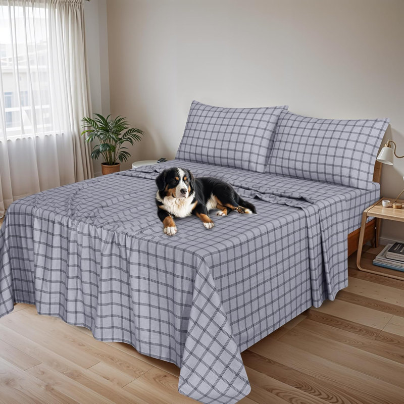 Ensemble de draps en flanelle 100% coton, 4 pièces, draps d'automne chauds et douillets de 16 po, Open Grid Checkered