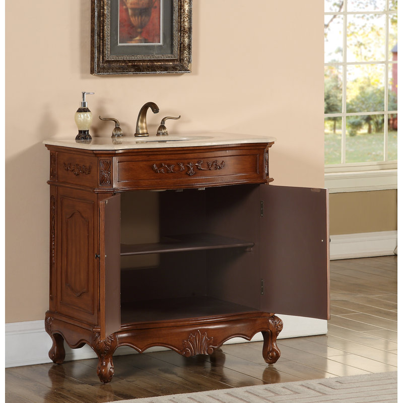 32'' Single Bathroom Vanity with Marble Top, Teak