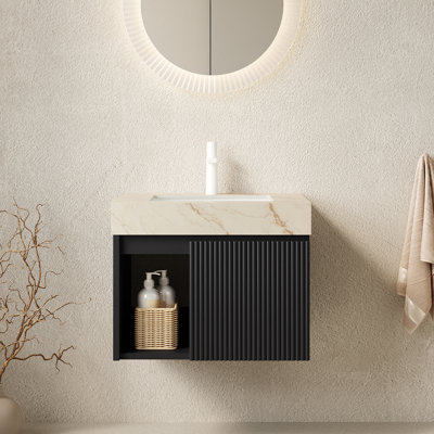 Meuble-lavabo suspendu EIDEN 61 cm (24 po), lavabo en céramique avec comptoir en pierre frittée couleur crème veinée or et lavabo pré-percé pour robinetterie, démonté, sans robinetterie ni bonde, couleur noire