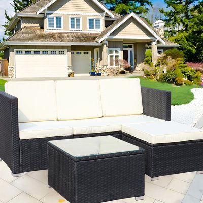 5 Mobilier de patio : Pe, Coussins beiges, Table basse d'extérieur avec table : Coussins d'eau beiges