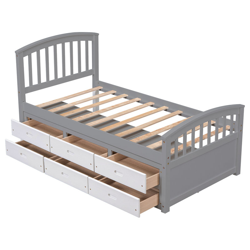 Twin Size Platform Storage Bed Solid Wood Bed With 6 Drawers, Grey+ White
