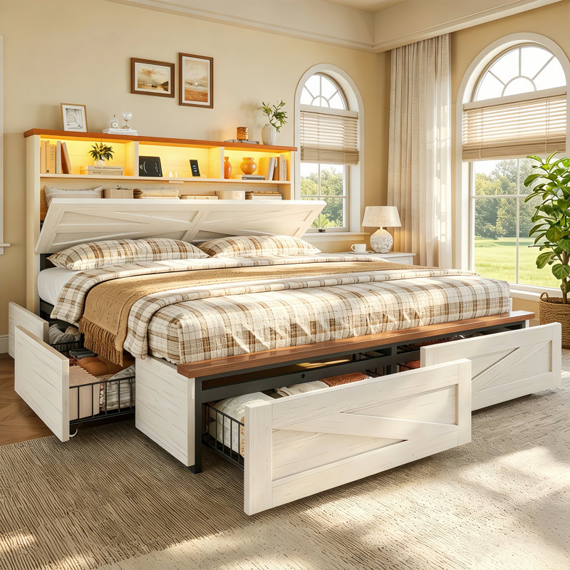 Wood Queen Bed Frame with 6 Drawers and Spacious Storage Headboard Farmhouse LED Metal Platform Bed with Charging Station No Boxing Need