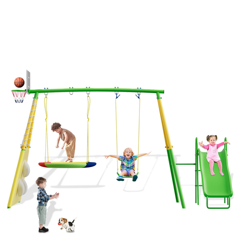 Balançoires pour enfants en métal 5 en 1 avec support en A robuste pour aire de jeu Sumij, Jaune/vert