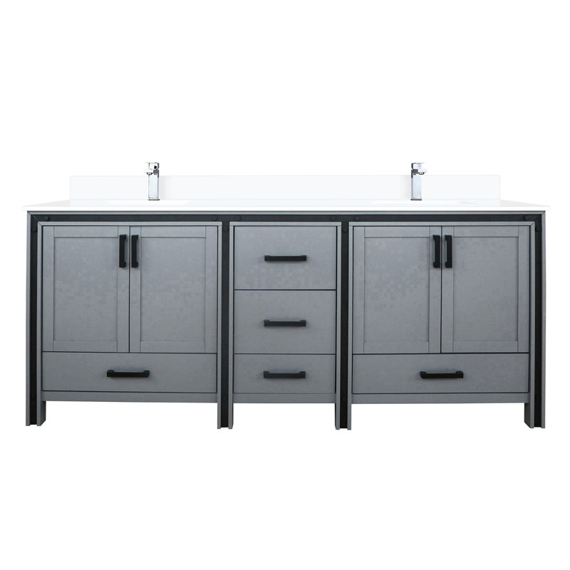 80 po L x P 22 po. Meuble-lavabo gris foncé, avec comptoir en quartz blanc et robinet - de grands tiroirs, meuble-lavabo double à fermeture en douceur de 80 po et 22 po avec surface escamotable, comptoir Scratch