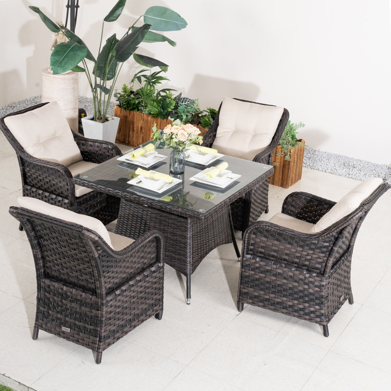 Ensemble repas pour terrasse en osier pour 4 personnes avec table carrée Algird