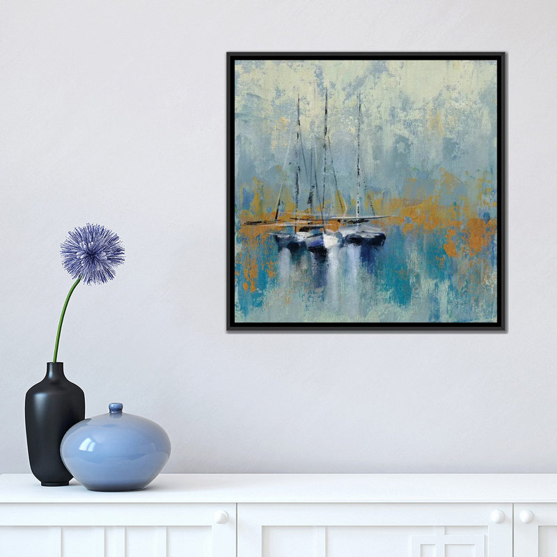 «Bateaux dans le port III», reproduction sur toile, H 18 po x l 18 po x P 1,5 po, Toile avec cadre noir, Pas de tapis