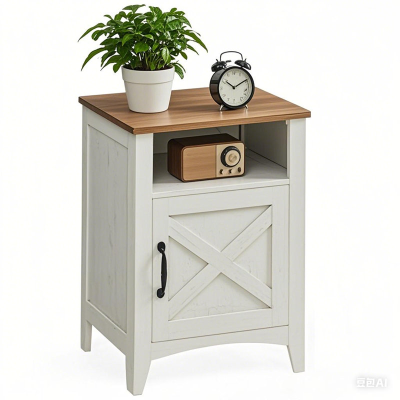 Bauman Farmhouse Nightstand, Bedside Table with a Cabinet and Open Compartment, White/Maroon Brown