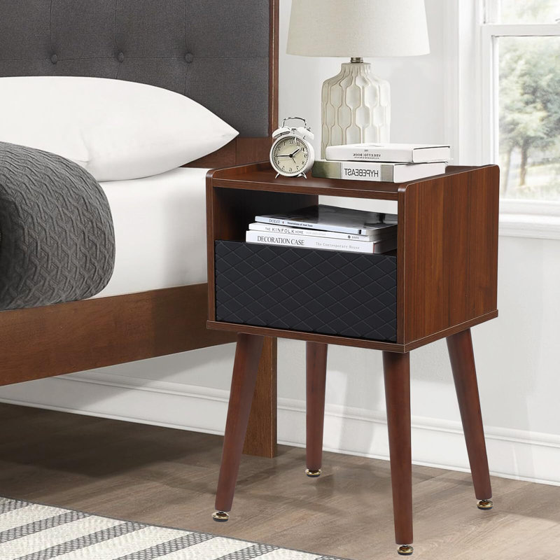 Mid Century Nightstand Set Of 2, Modern Side End Table With Charging Station And Storage
