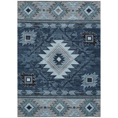 Tapis intérieur/extérieur lavable, bleu, ivoire et anthracite, motif tribal, 2,74 m x 3,66 m