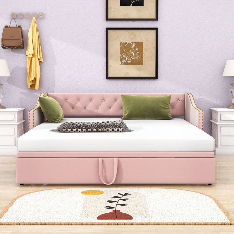 Versatile Twin Velvet Daybed with Twin Trundle, Pink