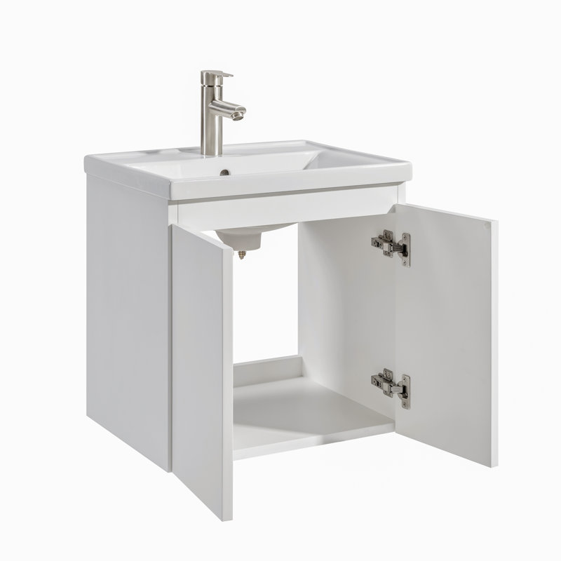 Logan Meuble-lavabo mural simple en blanc mat avec comptoir en céramique, Blanc mat, 20"