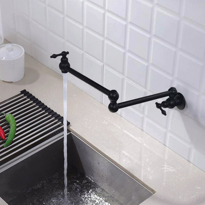 Wall Mount Pot Filler Faucet With Double Joint Swing Arms, Matte Black
