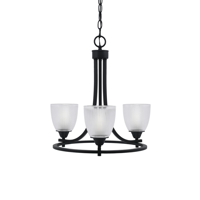 Paramount 3 Light Uplight Chandelier Shown In Matte Black Finish With 5" Clear Ribbed Glass