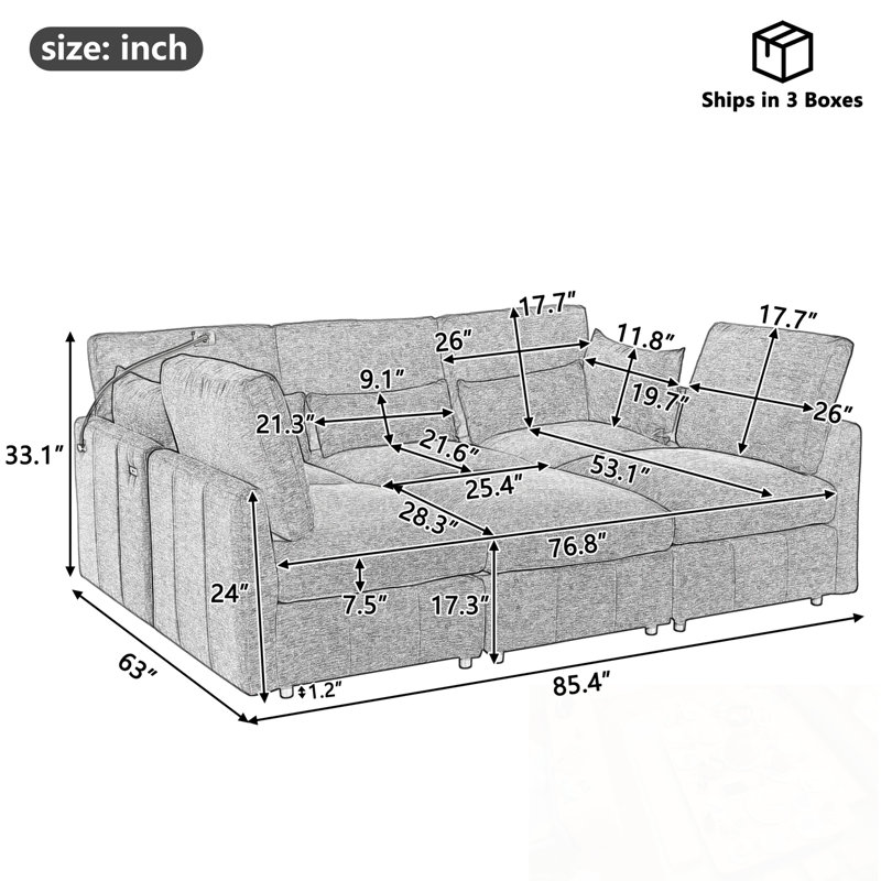 U-Shaped Sectional Sofa With Movable Ottoman, Two USB Ports And A Phone Holder, Gray Chenille