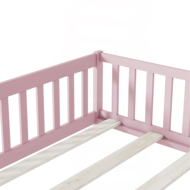 Full Size Floor Bed With Fence And Door,Rubber Wood Floor Bed With Safety Guardrails,Pink, Full, Pink