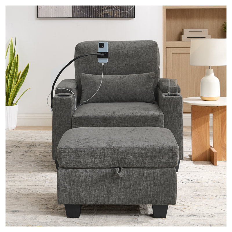 Gray Single Sofa Recliner with Manual Adjustable Backrest, USB Charging Port, Hidden Storage and Matching Ottoman