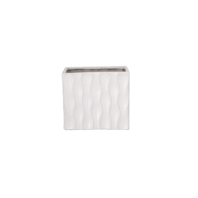 Ceramic Rectangle Vase with Geometric Column Wave Pattern SM Matte Finish White..9.00"x4.75"x8.00"H