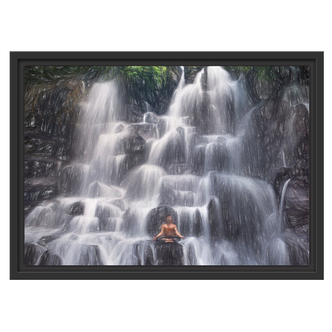 Gerahmtes Wandbild Yoga am Wasserfall in Bali