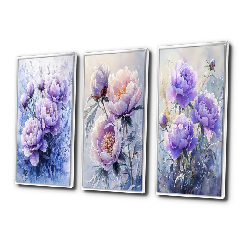 Pivoine hivernale lavande Embrace I - Collection de décorations murales traditionnelles, Impression encadrée flottante, Blanc