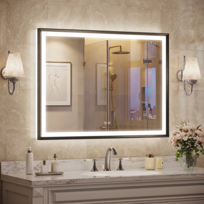 Miroir de salle de bain à DEL, miroir mural biseauté à cadre en aluminium anti-buée, miroir en verre trempé rétro-éclairé pour salle de bain